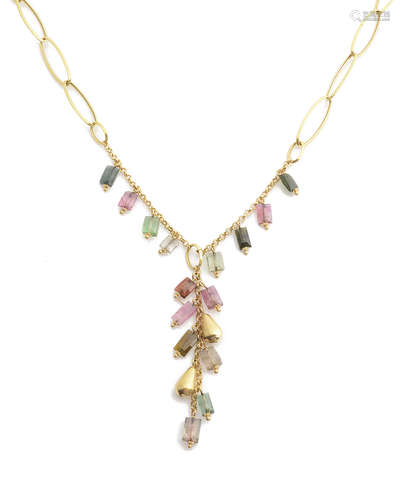 A Continental modern 18ct gold and tourmaline drop necklace