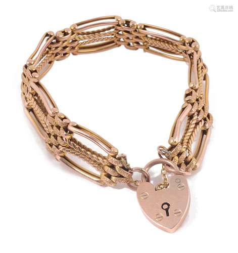 A 9ct rose gold fancy link four bar gate bracelet