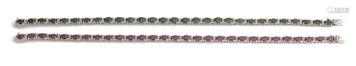 A ruby and diamond line bracelet and a matching emerald brac...
