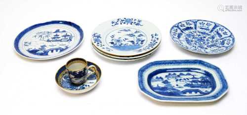 Chinese export coffee cup and saucer, 6 Chinese plates