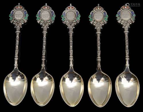 A set of five silver and enamel coffee spoons,
