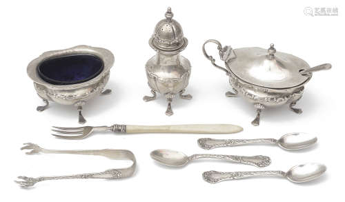 An Edwardian silver three piece cruet set and other silver i...