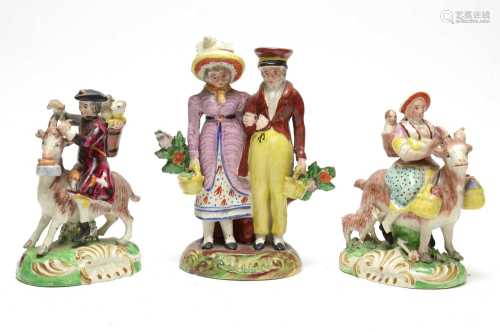 Pair Staffordshire figures Taylor and Wife; another Dandies