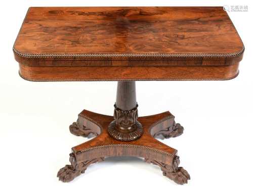 William IV rosewood fold over card table, stamped Gillows