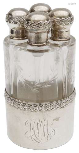 A late 19th c. Fr. silver and engraved glass four bottle per...