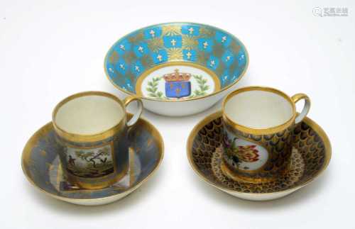 Sevres style saucer, two French coffee cans and saucers.