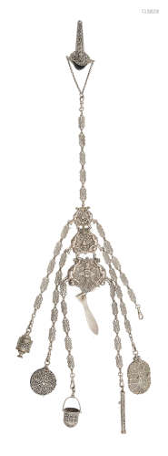 A Continental silver plated filigree work ladies chatelaine ...