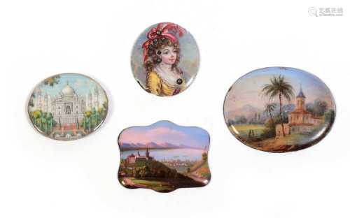Four 19th C painted enamelled plaques, various.