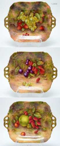 Three Royal Worcester Fruit painted Dessert Plates