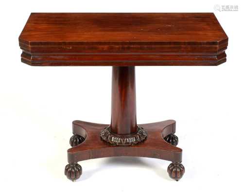 Late William IV mahogany fold over tea table, stamped Gillow...
