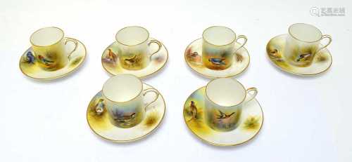 Six Royal Worcester coffee cans and saucers with game birds ...