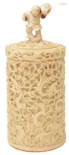 A late 19th c. Chinese Canton export carved ivory tusk pot a...