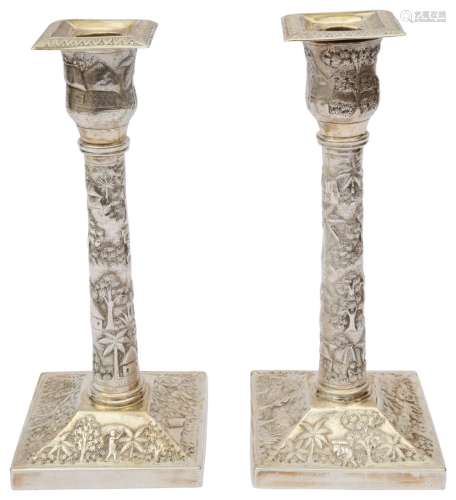 A pair of late 19th century Indian Colonial silver candlesti...