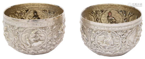 A pair of late 19th century Burmese silver rice bowls