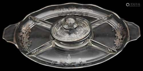 A 1930s American silver overlay Cambridge glass twin handled...