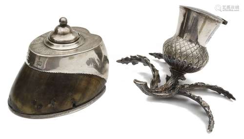 A late Vict. silver mounted horse hoof inkwell and a novelty...
