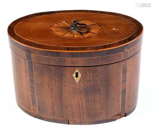 A George III string inlaid mahogany tea caddy.