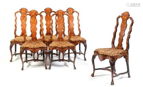Set of six 18th Century Dutch marquetry dining chairs