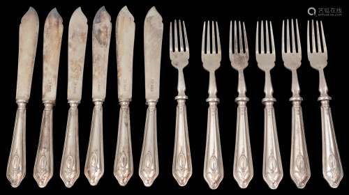 A set of six modern silver fish knives and forks