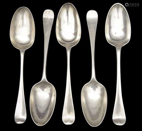 Five George II/III silver Old English pattern tablespoons