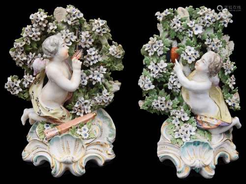 A near pair of late 18th century Derby figural bocage candle...