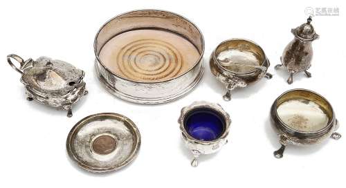 A pair of Georgian cauldron salts and other silver items