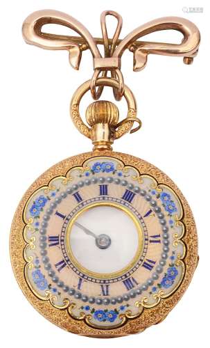 A Continental ladies gold and enamel half hunter fob watch