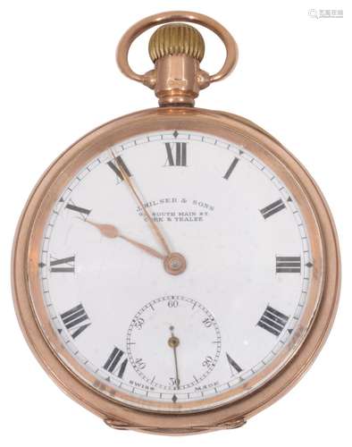 A 9ct gold open faced pocket watch by J. Hilser & Sons