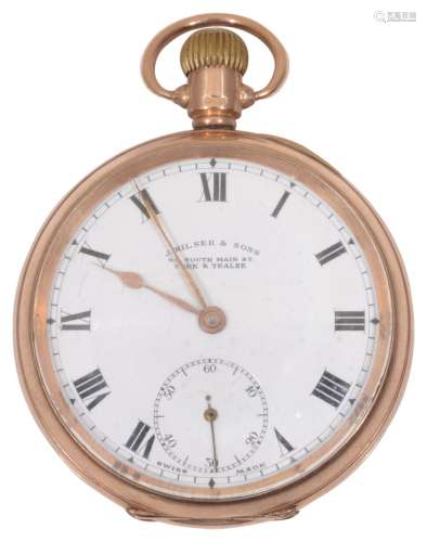 A 9ct gold open faced pocket watch by J. Hilser & Sons