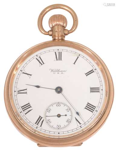 A 9ct gold open faced Waltham pocket watch