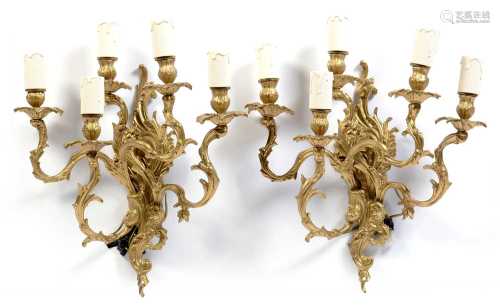 Pair of 20th Century gilt metal five branch wall sconces