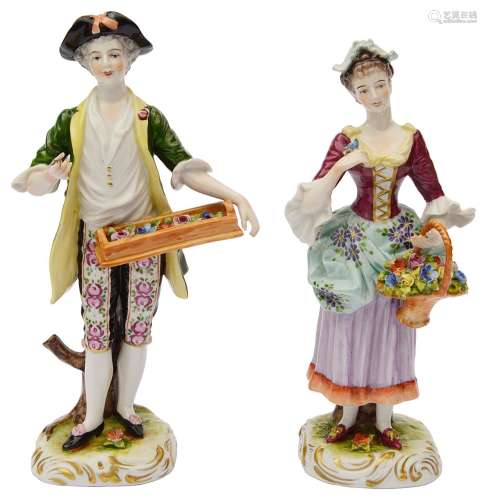 A pair of Volkstedt porcelain figures of flowers sellers