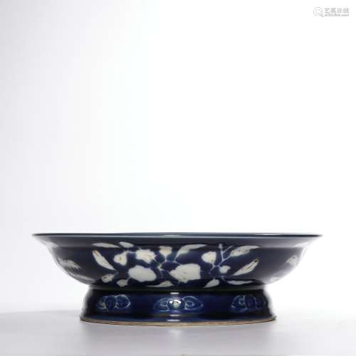 A blue glazed 'floral and birds' dish