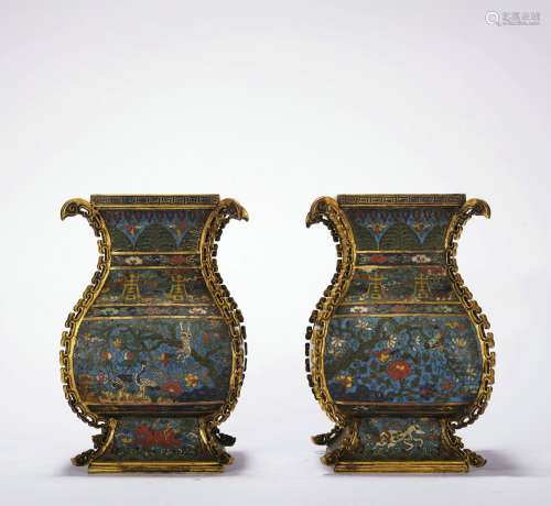 A pair of Cloisonne enamel 'flowers and birds' vase