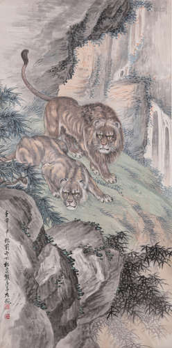 熊松泉双狮图纸本立轴