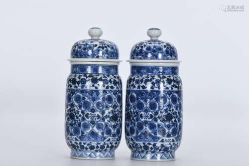 pair of chinese blue and white porcelain tea cans