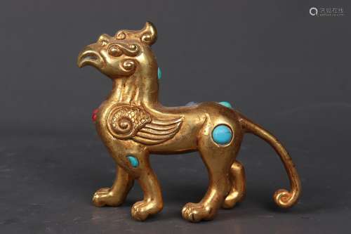 chinese gilt bronze beast inlaid turquoise
