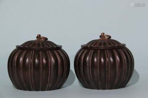 pair of chinese red sandalwood go pots