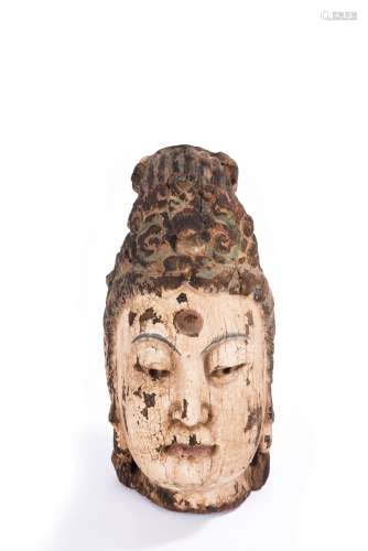 Chinese Painted Wood Head of Kwan-Yin