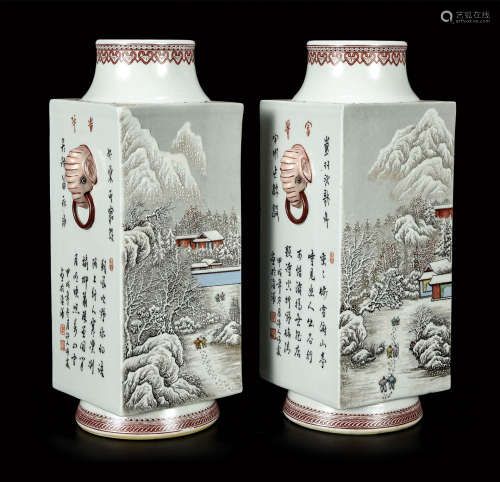 粉彩雪景人物象耳四方瓶  一对