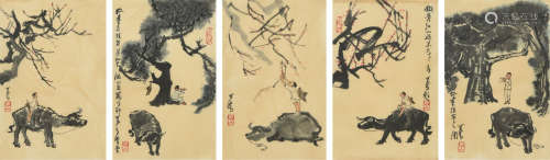 李可染款  牧童  画心  一组5幅  早期购于北京知名拍卖公司