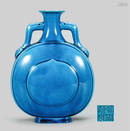 孔雀蓝釉双耳扁瓶 早期购于英国拍卖公司