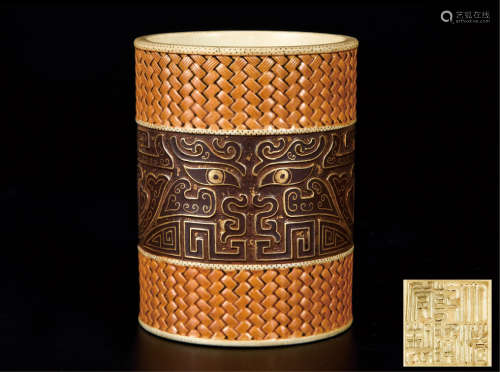仿古铜彩饕餮编织纹笔筒 早期购于日本藏家