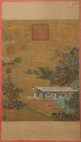 Sui Dynasty - Spring boating by Zhan Ziqian on silk vertical...