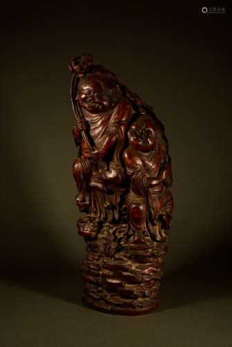 Qing Dynasty - Bamboo carving with two immortals