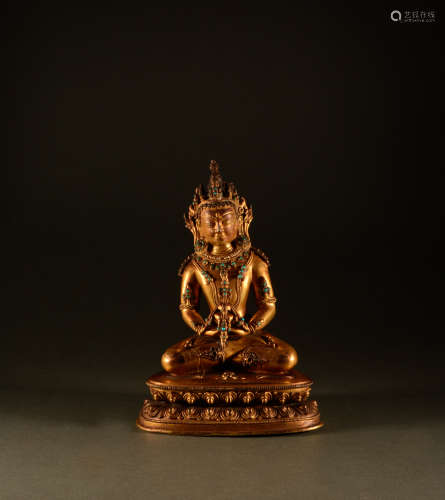 14th century - Bronze gilt inlaid Buddha sitting