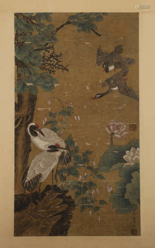Vertical scroll of two birds of Huang Jucai in Song Dynasty