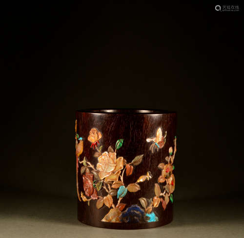 Qing Dynasty - Red sandalwood inlaid with 100 treasures pen ...