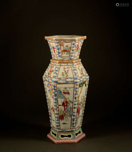 Qing Dynasty - pastel six-edged figure vase