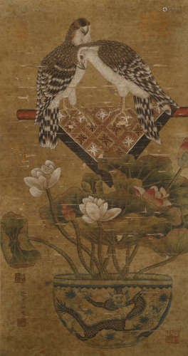 Tang Dynasty - Double eagle silk scroll by Xu Chong-si